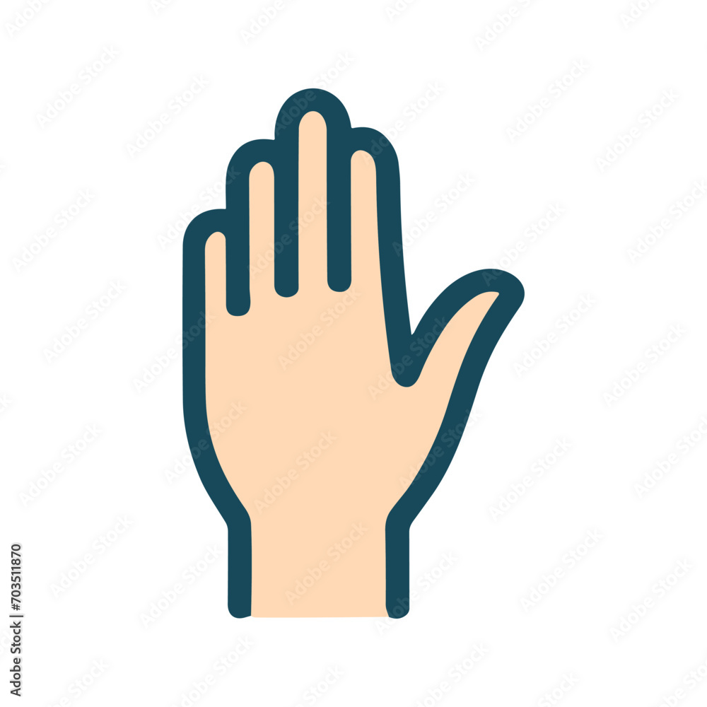 Stylized hand vector icon, depicted in flat style, with extended fingers, done in warm shades of beige and blue colors, isolated on white background. Stylized hand vector icon, depicted in flat style, with extended fingers, done in warm shades of beige and blue colors, isolated on white background.