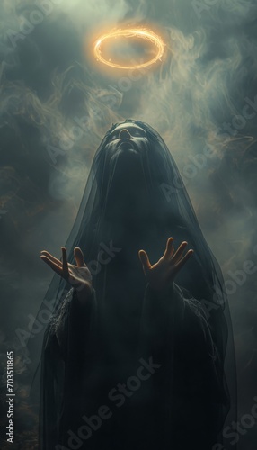 A female necromancer performs an occult ritual. photo