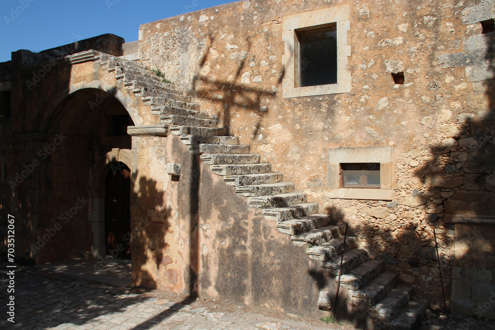 commons and stairs in an orthodox monastery (arkadi) in crete in greece 