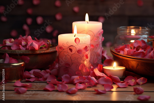 valentine day Candle and Rose Petals Arrangement Romantic   Generative AI 