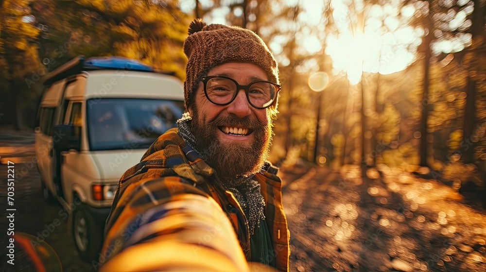 Happy man takes a selfie in the woods, with a van behind him, vanlife concept. Happy man takes a selfie in the woods, with a van behind him, vanlife concept.