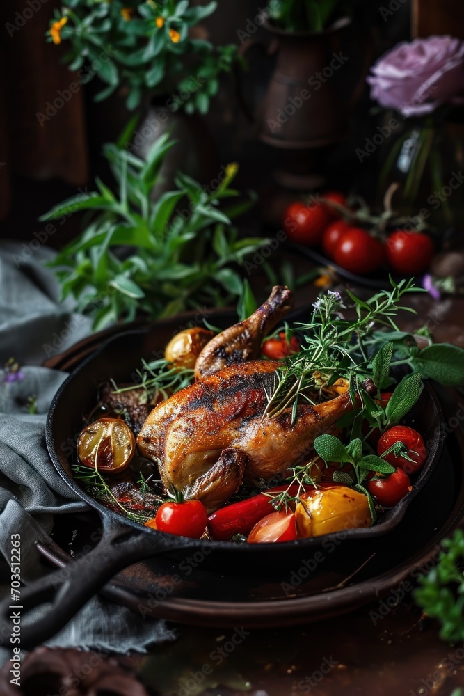 Cast iron pan with quail with vegetables Cast iron pan with quail with vegetables