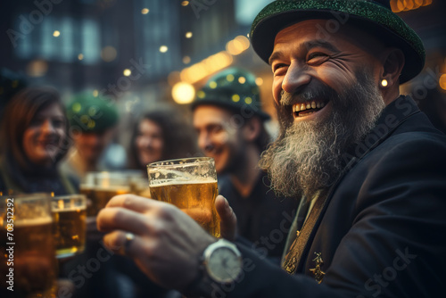 Friends celebrating St Patrick's Day drinking beer. Generative AI.