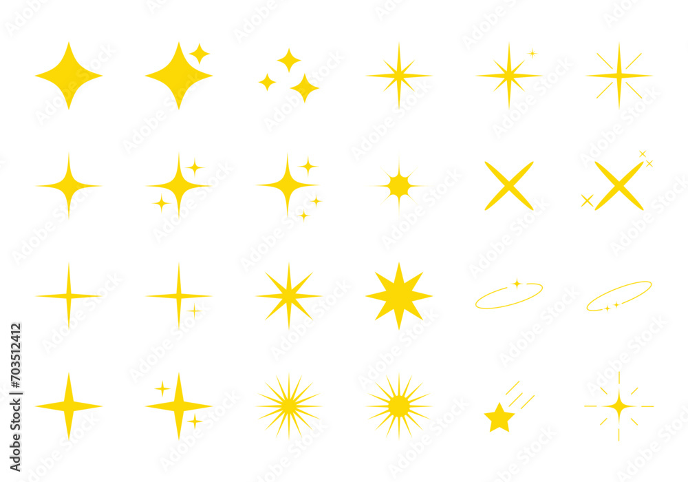 Yellow sparkles set, vector sparkling stars, shiny flashes of fireworks. Set of star elements of various shapes Yellow sparkles set, vector sparkling stars, shiny flashes of fireworks. Set of star elements of various shapes