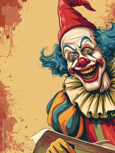 Card design of a joyful clown in circus attire with a big smile and colourful costume.