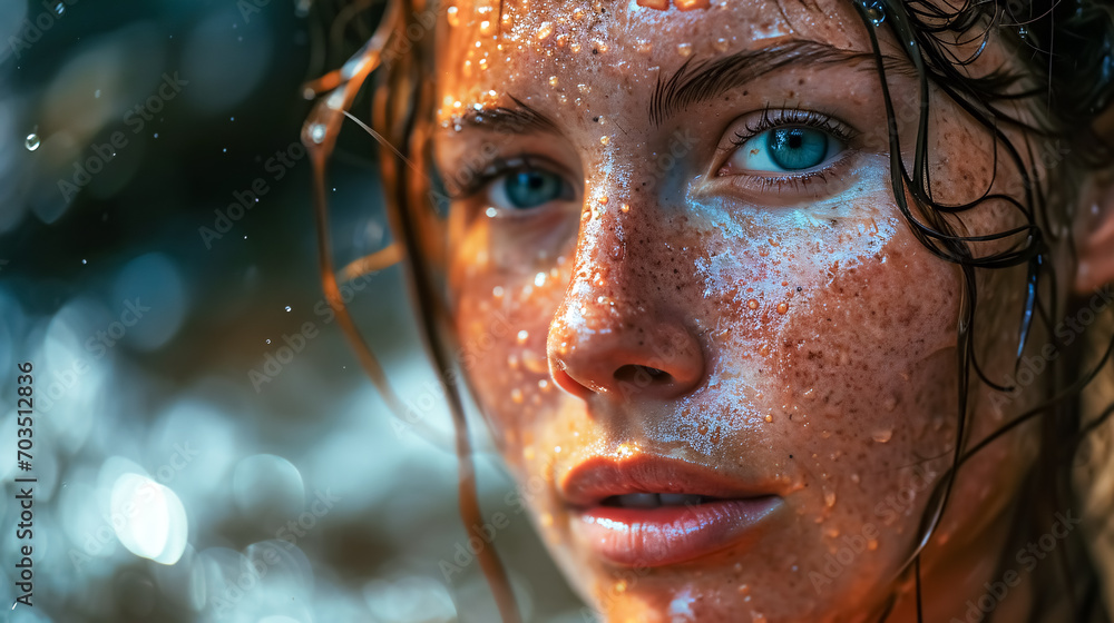 Close-up portrait of a beautiful young woman with wet hair and freckles on her face.  - obrazy, fototapety, plakaty 
