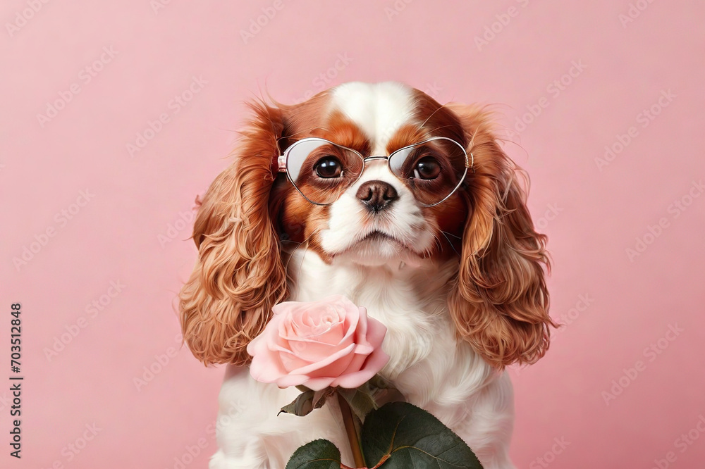 A cute royal King Charles Spaniel dog with a bouquet of roses on a pink background on Valentine's day, birthday, mother's Day.