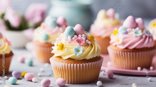 Easter or birthday cupcakes with pastel frosting, kitchen or sweet food background