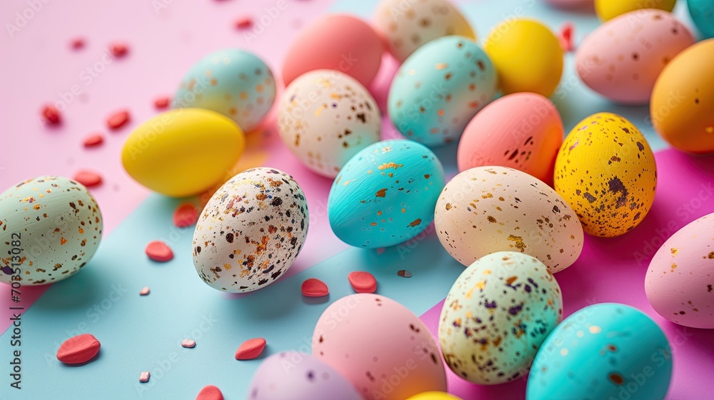 Easter eggs painted in vibrant colors, flat lay composition, bright modern pastel background