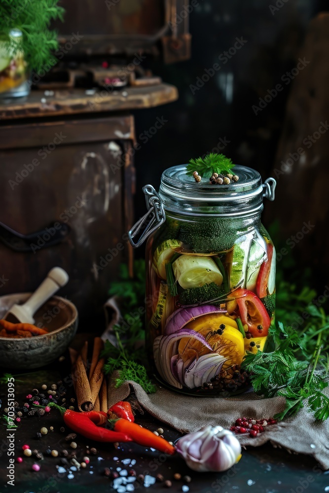 Jar with different pickled vegetables Jar with different pickled vegetables