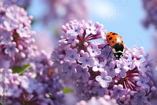 Ladybug on Lilac Blooms A ladybug exploring the fragrant blooms of a lilac bush in a lush spring setting.   Generative AI, 