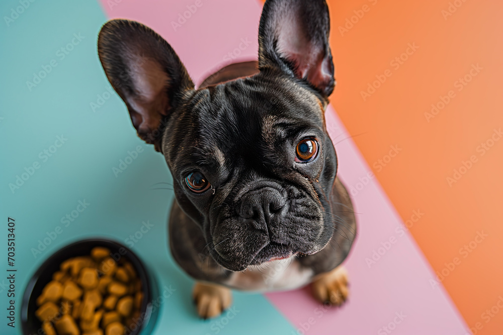 Closeup portrait of french bulldog  facing the camera on a colorful background with a bowl of dog food, overhead shot