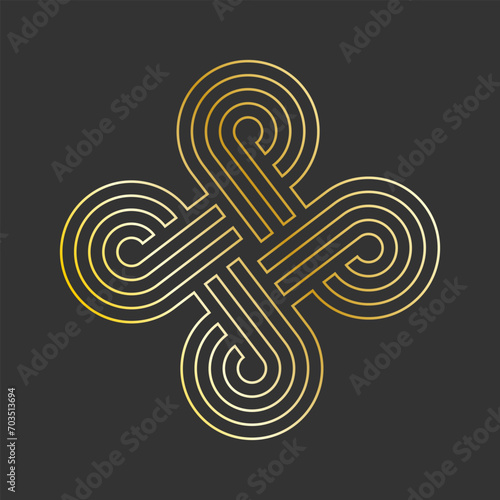 Endless loop ornament thin line. Golden geometric shape in celtic style. circle knot. Vector in black background