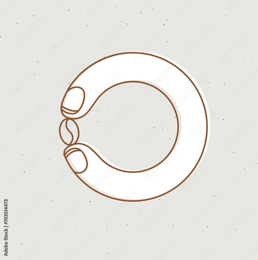 Coffee beans holding by fingers drawing in cartoon flat line style on beige background