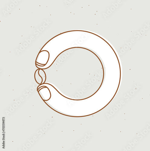 Obraz na płótnie Coffee beans holding by fingers drawing in cartoon flat line style on beige background w salonie