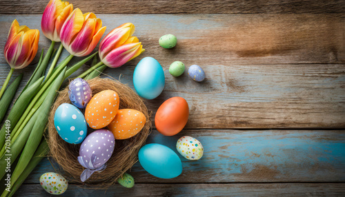Many colorful eggs and flowers arranged on a wooden background. for Easter, spring, farm, or food-themed designs and projects. Adds a vibrant and cheerful touch.Easter holiday card concept