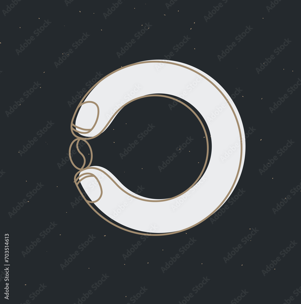 Coffee beans holding by fingers drawing in cartoon flat line style on black background