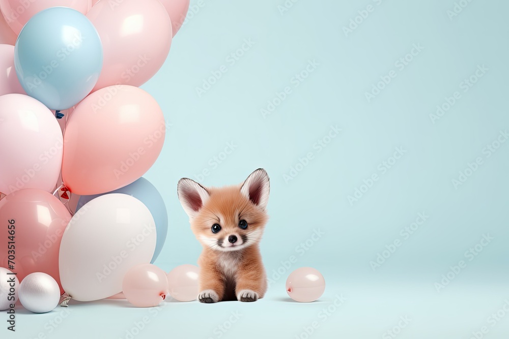 a fox cub with balloons