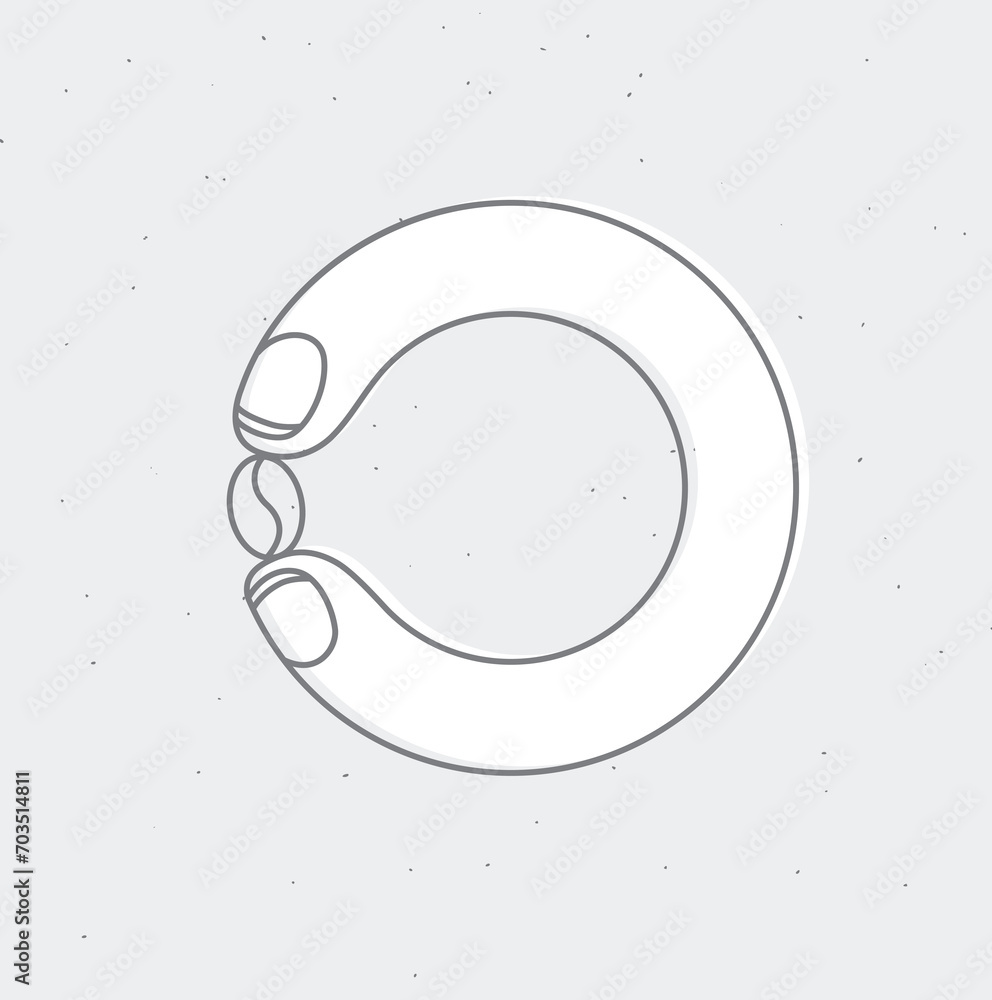 Coffee beans holding by fingers drawing in cartoon flat line style on grey background