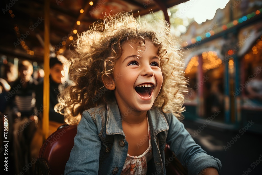 Obraz premium Amusement park, theme park, entertainment park. Carousel, roller coaster. Carnival Children having fun, excited, jumping, childhood, friends.