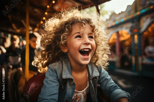 Amusement park, theme park, entertainment park. Carousel, roller coaster. Carnival Children having fun, excited, jumping, childhood, friends. © Irina Mikhailichenko