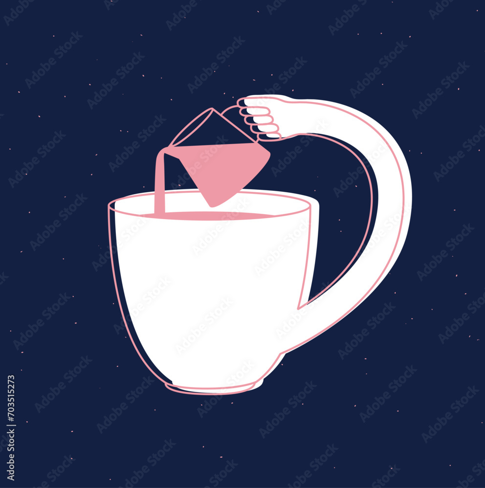 Cup pours milk into itself drawing in cartoon flat line style on blue background