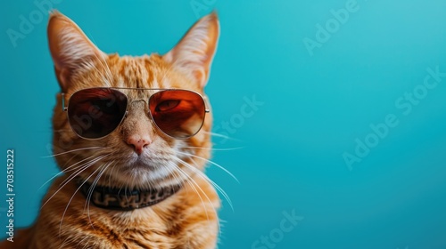 Trendy Cat with Attitude Posing in Brown Sunglasses, Blue Background