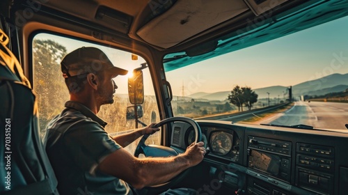 Focused Truck Driver Navigating Road at Sunrise with Vivid Sky
