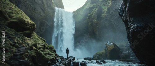 Hiker Contemplating a Waterfall in a Green Canyon