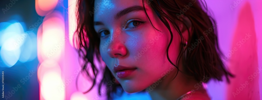 Close-up Portrait of a Young Woman in Vibrant Neon Light