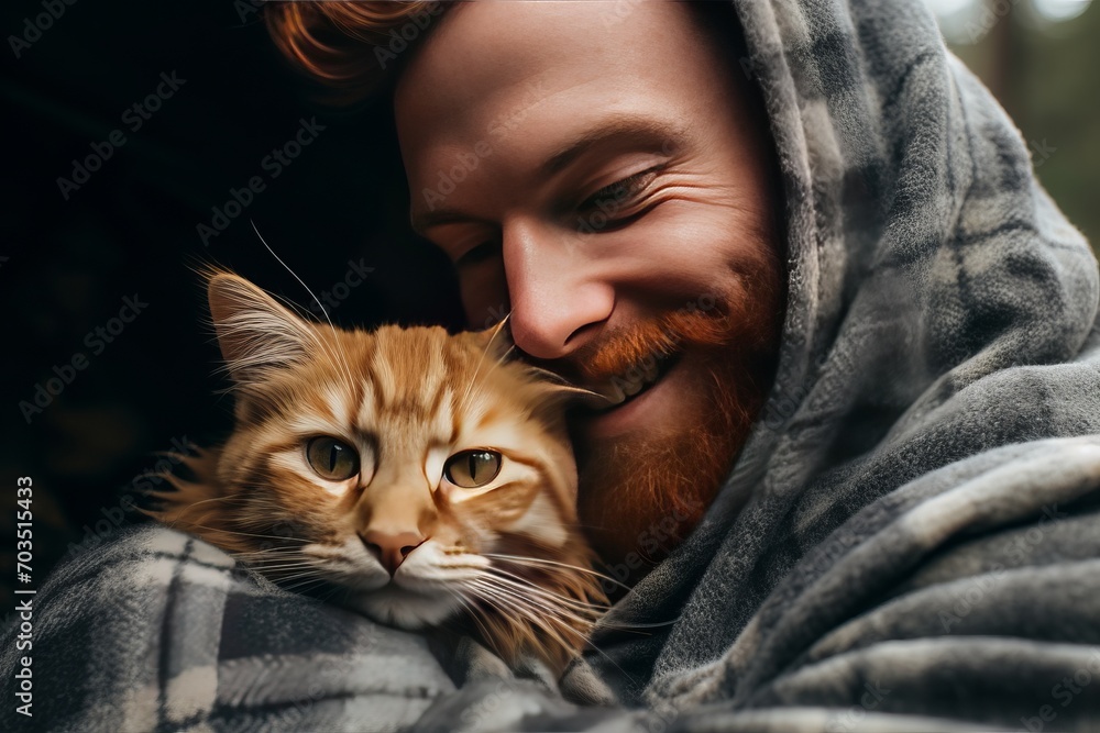 Home comfort and warmth. Young attractive bearded man hugs a domestic cat. Pet owner guy with the kitten is smiling and closed his eyes from enjoying the touch of warm wool and purring. Generative AI. Home comfort and warmth. Young attractive bearded man hugs a domestic cat. Pet owner guy with the kitten is smiling and closed his eyes from enjoying the touch of warm wool and purring. Generative AI.