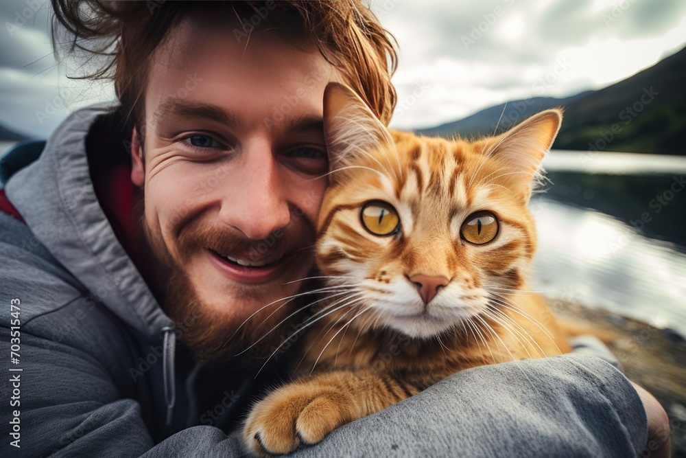 Young bearded guy travels in the mountains with a red cat. A man and a kitten take a selfie near a mountain lake. Male owner and the pet are best friends. Generative AI.