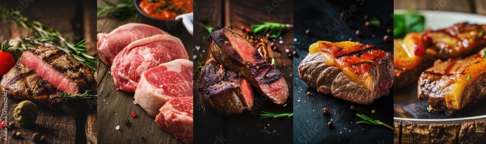 Selection of Premium Raw and Cooked Meat Cuts on Wooden Background