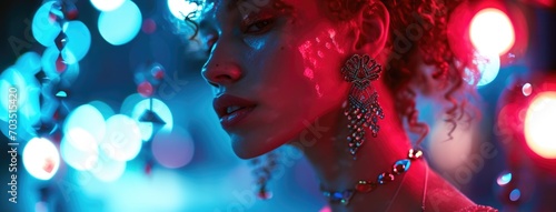 Glamorous Portrait of a Woman with Sparkling Earrings Under Neon