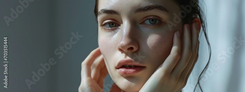 Ethereal Young Woman Gazing Outside with Sheer Curtain Background