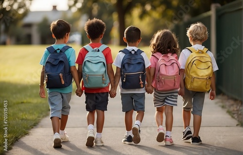 Back-to-School Joy. Group of Young Children Walking in Friendship