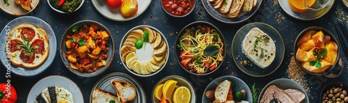 Assorted Gourmet Dishes in a Panoramic Food Spread