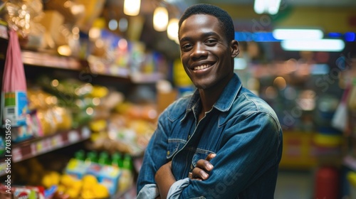 Cheerful African American Man with Arms Crossed in a Grocery Store Aisle