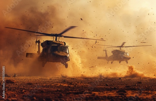 Military Helicopters Landing in a Dust Storm photo