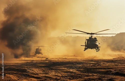 Helicopters Hovering Above a Sandy Terrain Amidst Dust