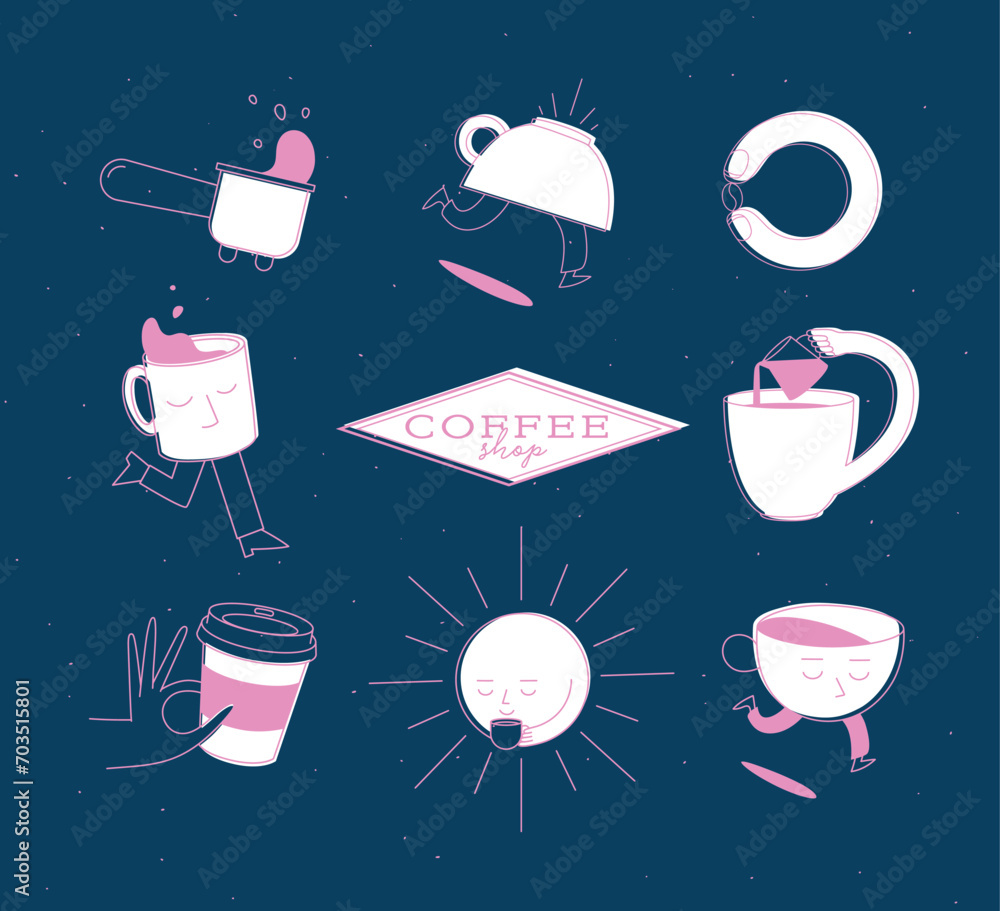 Coffee shop elements bottomless portafilter, running cup, coffee bean, sun, take away, milk jug drawing in cartoon flat line on blue background