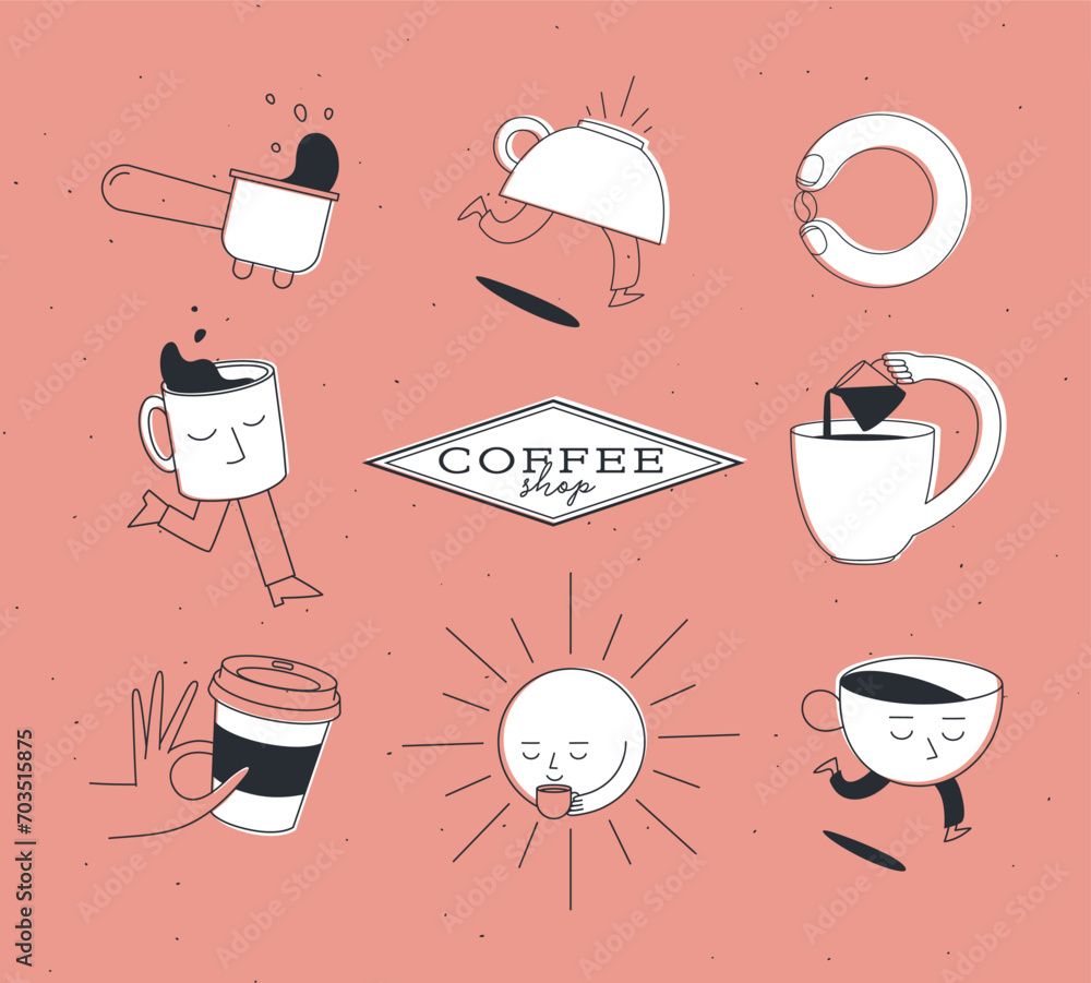 Coffee shop elements bottomless portafilter, running cup, coffee bean, sun, take away, milk jug drawing in cartoon flat line on coral background