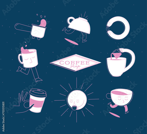 Obraz na płótnie Coffee shop elements bottomless portafilter, running cup, coffee bean, sun, take away, milk jug drawing in cartoon flat line on blue background w salonie