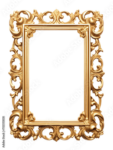 Classic golden vertical frame isolated on transparent background.