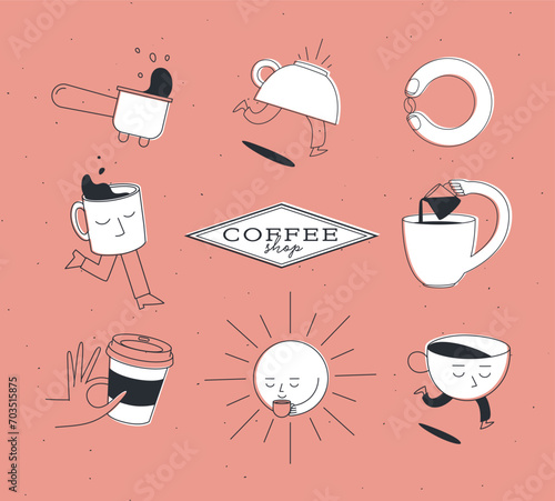Obraz na płótnie Coffee shop elements bottomless portafilter, running cup, coffee bean, sun, take away, milk jug drawing in cartoon flat line on coral background w salonie