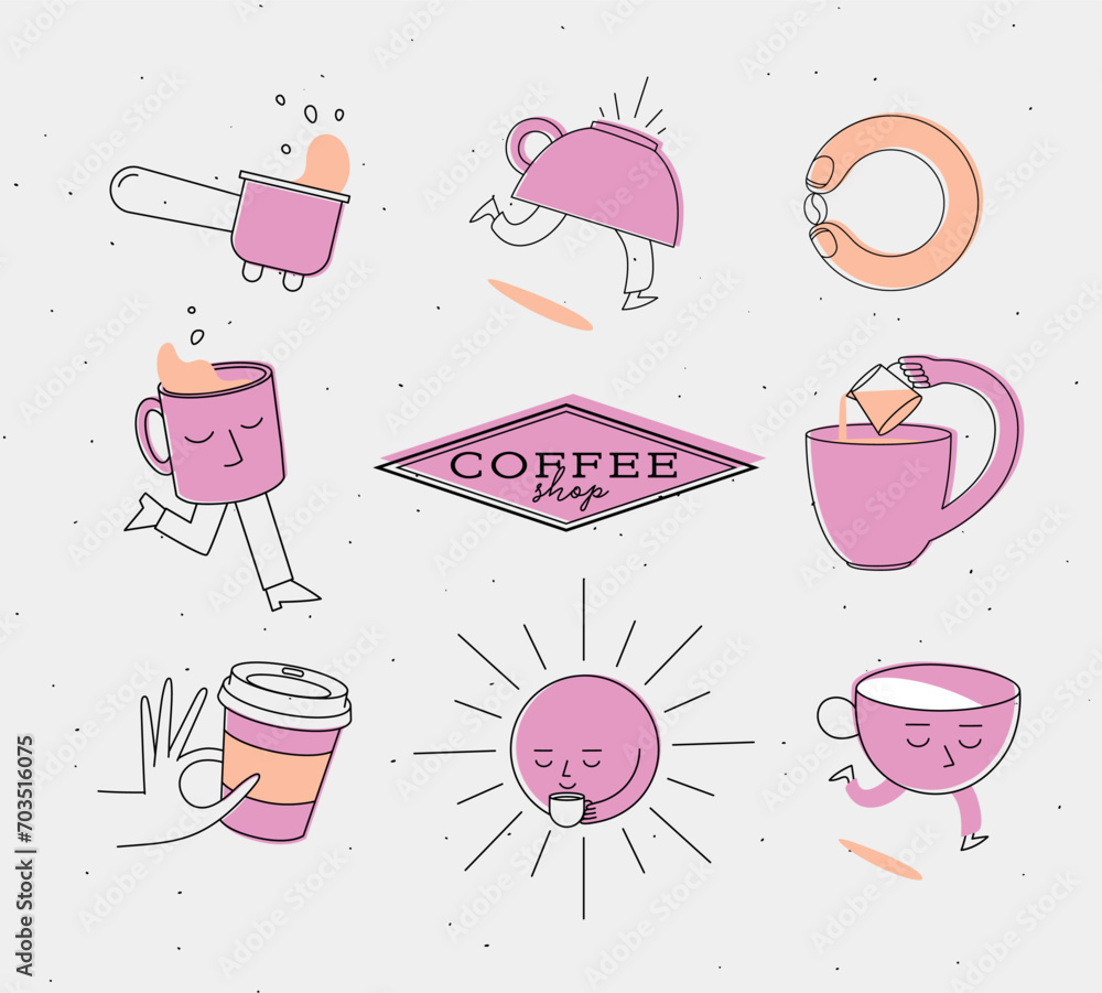 Coffee shop elements bottomless portafilter, running cup, coffee bean, sun, take away, milk jug drawing in cartoon flat line on pink background