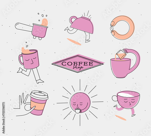 Obraz na płótnie Coffee shop elements bottomless portafilter, running cup, coffee bean, sun, take away, milk jug drawing in cartoon flat line on pink background w salonie