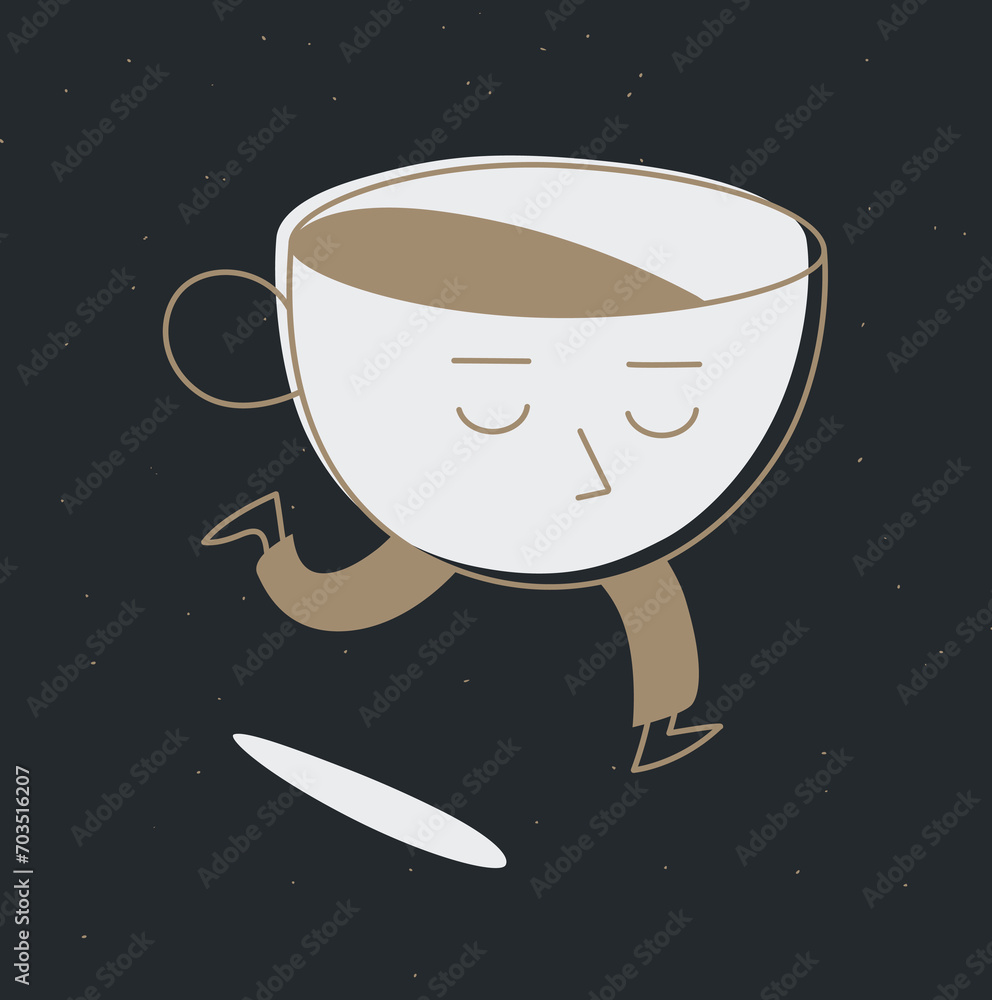 Running sleepy cup of coffee drawing in cartoon flat line style on black background