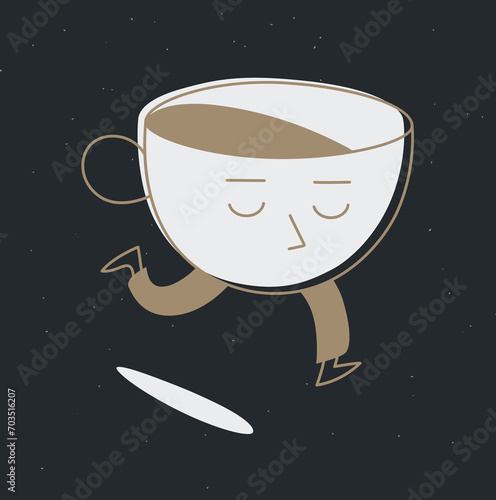 Obraz na płótnie Running sleepy cup of coffee drawing in cartoon flat line style on black background w salonie