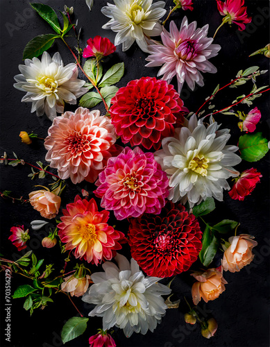 Still life, composition of dahlia flowers and hydrangea leaves on a black background.